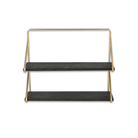 21" Dark Gray And Gold Metal And Wood Wall Mounted Tiered Shelf