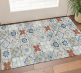 2' X 5' Gray Blue And Rust Mosaic Tile Printed Vinyl Area Rug With UV Protection