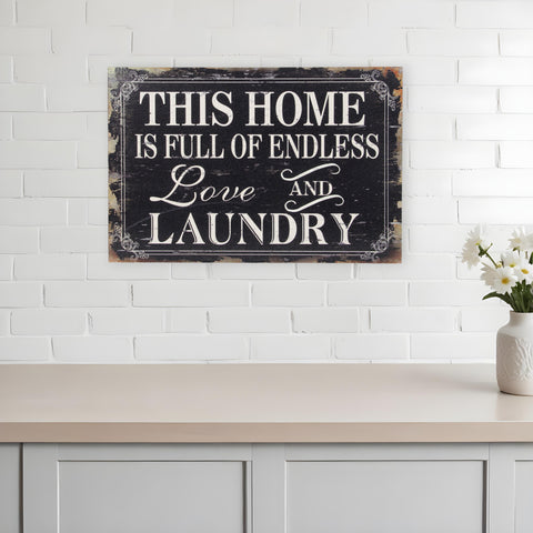 16" X 24" Black and White Endless Love And Laundry Wood Wall Decor