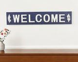 6" X 32" Navy Blue And White Welcome Wood Wall Decor