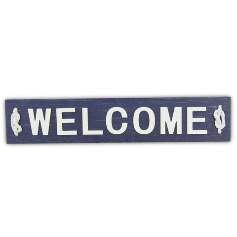6" X 32" Navy Blue And White Welcome Wood Wall Decor