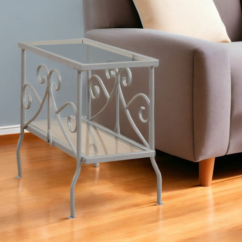 22" Silver And Clear Metal And Tempered Glass End Table With Shelf