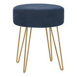 14" Blue and Gold Fabric Round Ottoman
