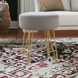 14" Gray Fabric and Gold Round Ottoman