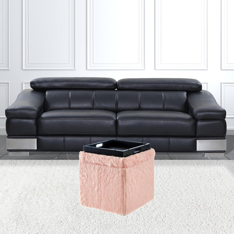 18" Blush Faux Fur and Black Storage Ottoman