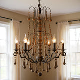 Brown Candle Style Six Light Wood Chandelier