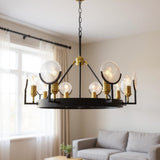 Black And Gold Unique Statement Eight Light Metal Chandelier With Clear Shades