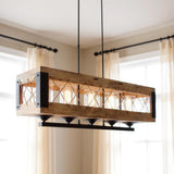 Brown And Black Kitchen Island Five Light Wood and Seeded Glass Chandelier With Brown Shades