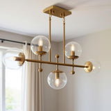Brass Kitchen Island Five Light Metal and Transparent Glass Chandelier With Clear Shades