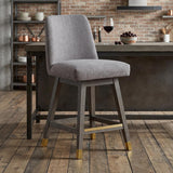 26" Taupe And Gray Fabric And Solid Wood Counter Height Swivel Bar Chair