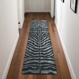 2' X 8' Black and Gray Zebra Print Shag Handmade Non Skid Runner Rug