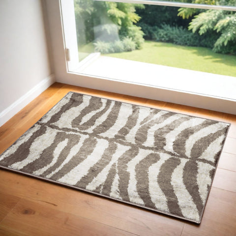 2' X 3' Mocha and Cream Zebra Print Shag Handmade Non Skid Area Rug