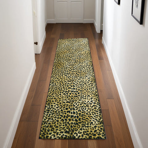 2' X 8' Black and Gold Leopard Print Shag Handmade Non Skid Runner Rug
