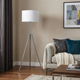 64" Silver Adjustable Tripod Floor Lamp With White Fabric Shade