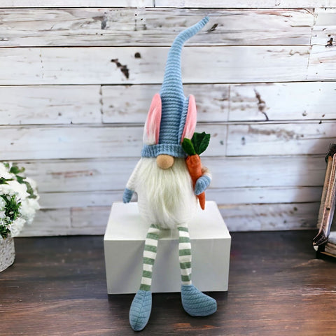 32" Blue and White Fabric Christmas Sitting Gnome Tabletop Sculpture