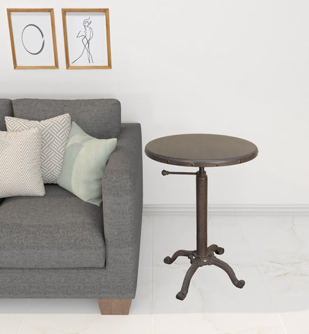 Gunmetal and Brown Iron Height Adjustable Round Pedestal End Table