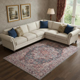 6' X 9' Blue And Pink Medallion Distressed Washable Area Rug