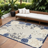 6' X 9' Blue And Grey Floral Stain Resistant Non Skid Area Rug