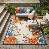 4' X 6' Ivory Blue and Orange Floral Non Skid Indoor Outdoor Area Rug