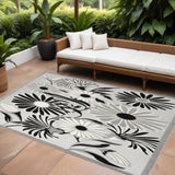 7' X 10' Black And White Floral Stain Resistant Non Skid Area Rug