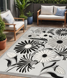 5' X 8' Black And White Floral Stain Resistant Non Skid Area Rug