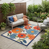 4' X 6' Ivory Blue and Orange Floral Non Skid Indoor Outdoor Area Rug