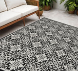5' X 8' Black And White Fleur De Lis Stain Resistant Non Skid Area Rug