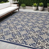 5' X 8' Blue Fleur De Lis Stain Resistant Non Skid Area Rug