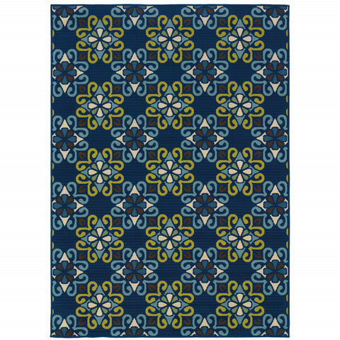 4' X 6' Blue and Green Floral Stain Resistant Indoor Outdoor Area Rug