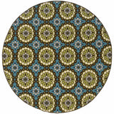 8' X 8' Blue and Green Round Floral Stain Resistant Indoor Outdoor Area Rug
