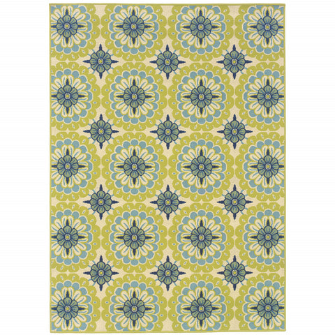 8' X 11' Green and Ivory Floral Stain Resistant Indoor Outdoor Area Rug