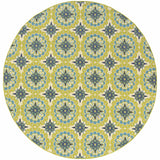 8' X 8' Green and Ivory Round Floral Stain Resistant Indoor Outdoor Area Rug