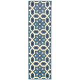 2' X 8' Ivory and Blue Geometric Stain Resistant Indoor Outdoor Area Rug
