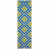 2' X 8' Blue and Beige Geometric Stain Resistant Indoor Outdoor Area Rug