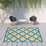 8' X 11' Blue and Beige Geometric Stain Resistant Indoor Outdoor Area Rug