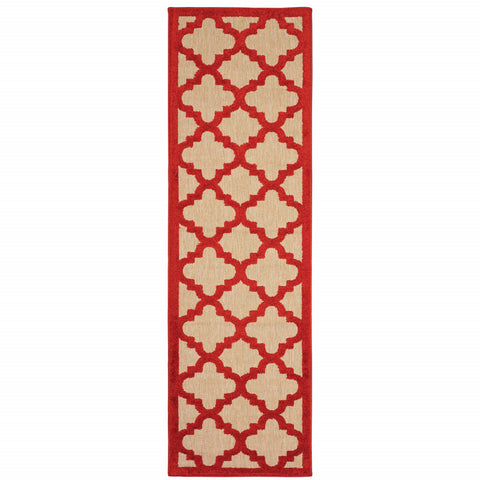 2' X 8' Red Geometric Stain Resistant Indoor Outdoor Area Rug