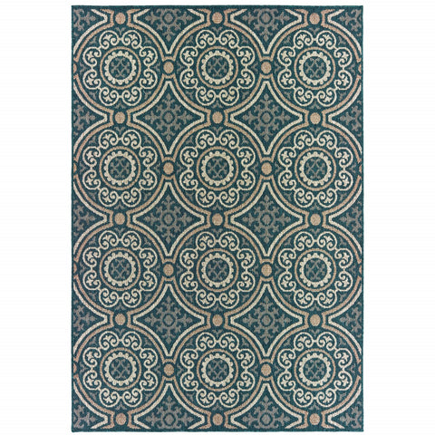 5' X 7' Blue and Gray Geometric Stain Resistant Indoor Outdoor Area Rug