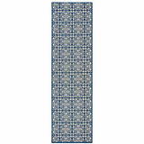 2' X 8' Ivory and Blue Geometric Stain Resistant Indoor Outdoor Area Rug
