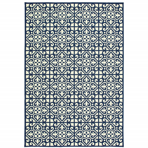 2' X 4' Ivory and Blue Geometric Stain Resistant Indoor Outdoor Area Rug