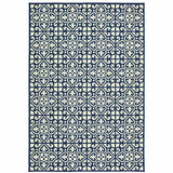 8' X 11' Ivory and Blue Geometric Stain Resistant Indoor Outdoor Area Rug