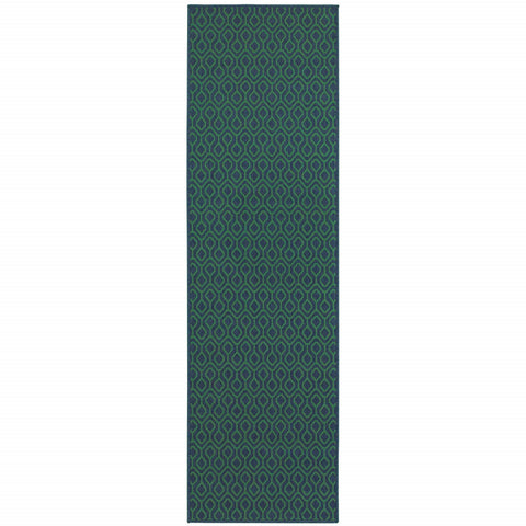 2' X 8' Blue and Green Geometric Stain Resistant Indoor Outdoor Area Rug