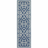 2' X 8' Blue and Ivory Geometric Stain Resistant Indoor Outdoor Area Rug