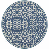 8' X 8' Blue and Ivory Round Geometric Stain Resistant Indoor Outdoor Area Rug