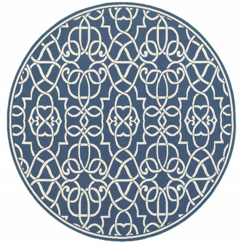 8' X 8' Blue and Ivory Round Geometric Stain Resistant Indoor Outdoor Area Rug