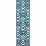 2' X 8' Blue and Ivory Geometric Stain Resistant Indoor Outdoor Area Rug