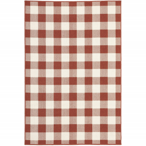 7' X 10' Red and Ivory Geometric Stain Resistant Indoor Outdoor Area Rug