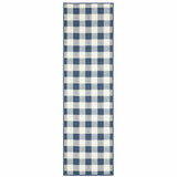 2' X 8' Blue and Ivory Geometric Stain Resistant Indoor Outdoor Area Rug