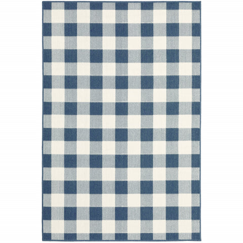 4' X 6' Blue and Ivory Geometric Stain Resistant Indoor Outdoor Area Rug
