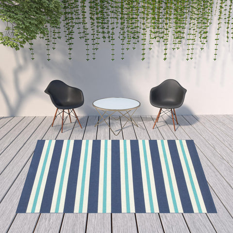 8' X 11' Blue and Ivory Geometric Stain Resistant Indoor Outdoor Area Rug