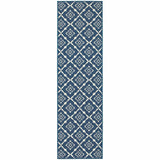 2' X 8' Blue and Ivory Floral Stain Resistant Indoor Outdoor Area Rug